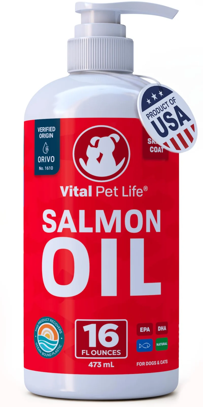 Vital Pet Life — Huile de saumon pour chiens et chats | Omega-3 EPA/DHA, peau et pelage sains, 16 oz