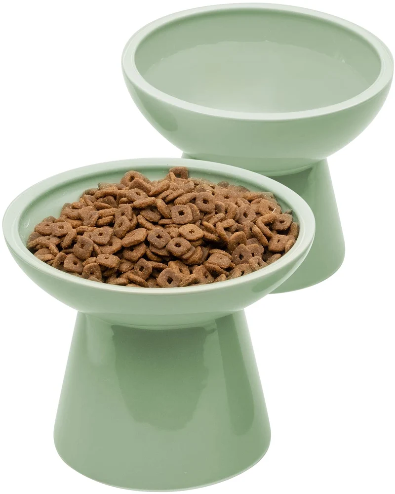 CEEFU 2 Bols Élevés en Céramique pour Chat – Nourriture et Eau, Vert Sauge, Sans Plomb ni Cadmium, Hauteur 12,7 cm