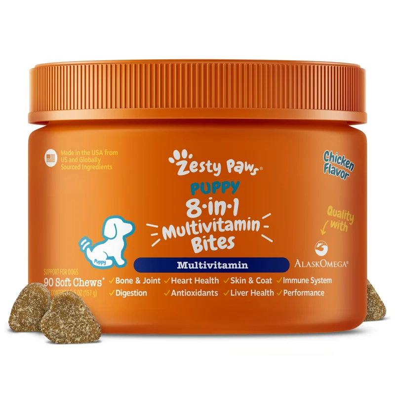 Zesty Paws Multivitamines pour Chiens – Bouchées à mâcher pour articulations, peau et pelage, Oméga-3 – Chiot, 90 bouchées