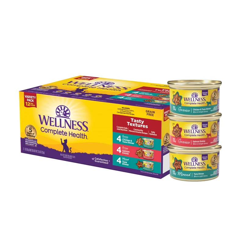 Wellness Complete Health – Variété Gravies et Mince pour Chat Adulte, Sans Céréales, Protéines Riches, 3 oz, Pack de 12 Boîtes