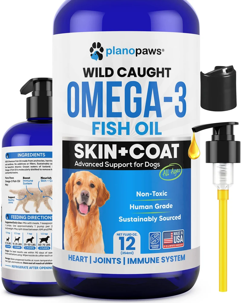 Planopaws Omega3 pour Chiens — Huile de Poisson Pure, Pelage Éclatant, Démangeaisons Réduites, Soutien des Articulations et du Cœur