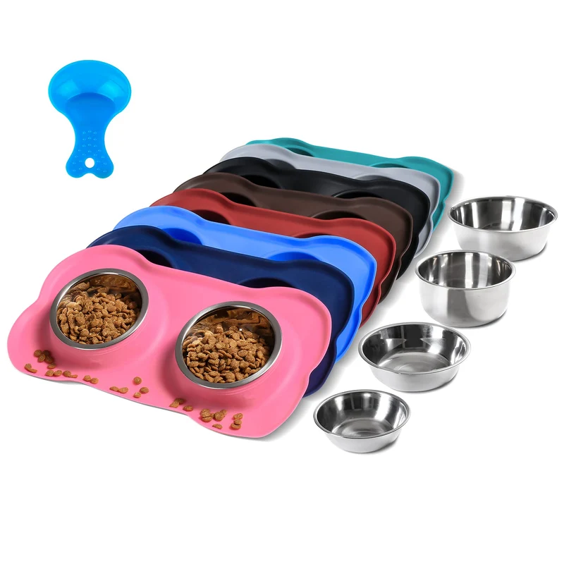Hubulk – Gamelles pour Chiens et Chats en Acier Inox avec Tapis Antidérapant et Pelle, Lot de 2 (M, Rose)