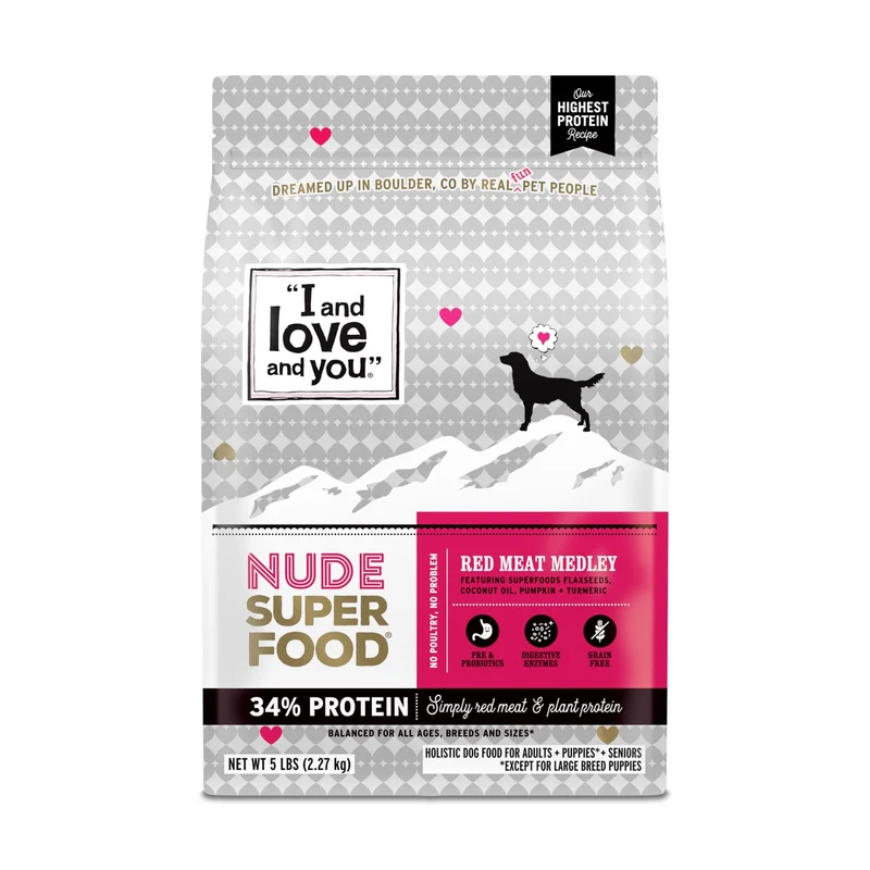 I and Love and You Nude Super Food – Mélange Viandes Rouges, Prébiotiques + Probiotiques, Sans Céréales, Viande Réelle, Sans Agents de Remplissage, Sac de 2,27 kg