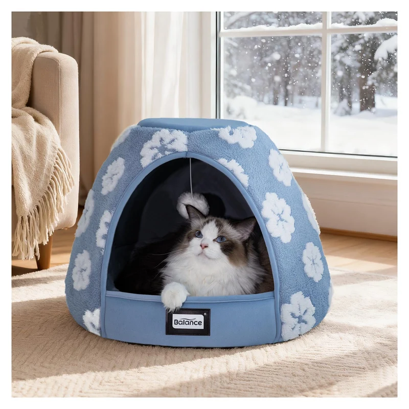 BALANCE - Couchage 2-en-1 pour chats d’intérieur bleu, lit-cave 19 pouces