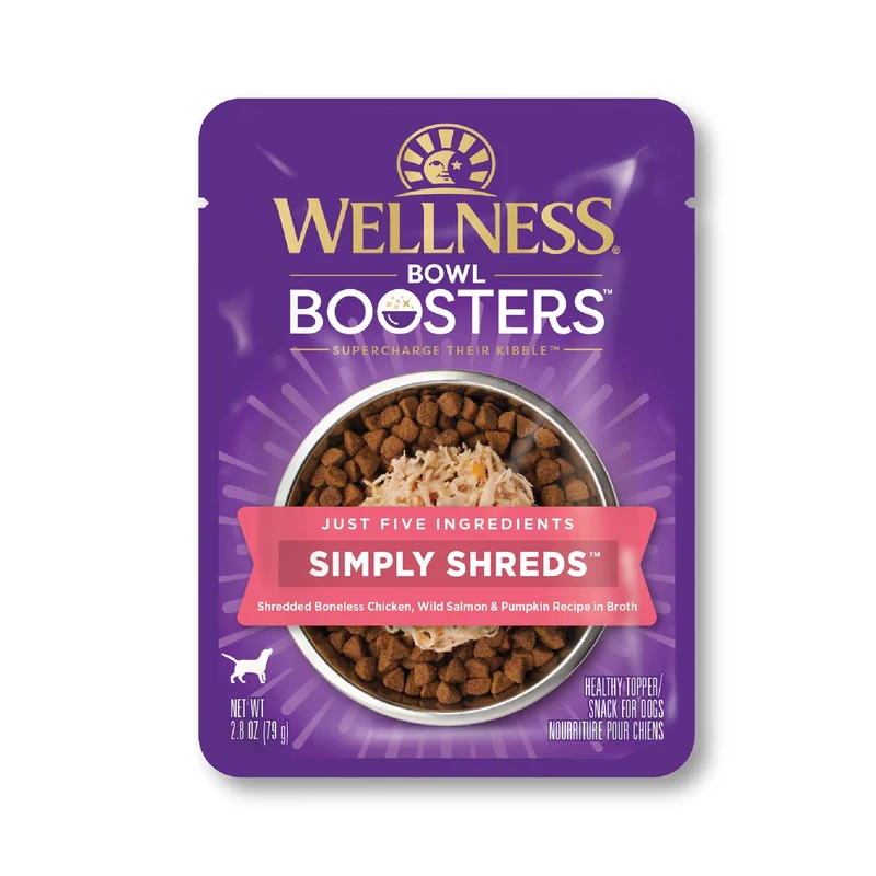 Wellness Bowl Boosters Simply Shreds – Toppers Humides Sans Céréales au Saumon et Potiron pour Chiens (Sachet 2,8 oz, Lot de 12)