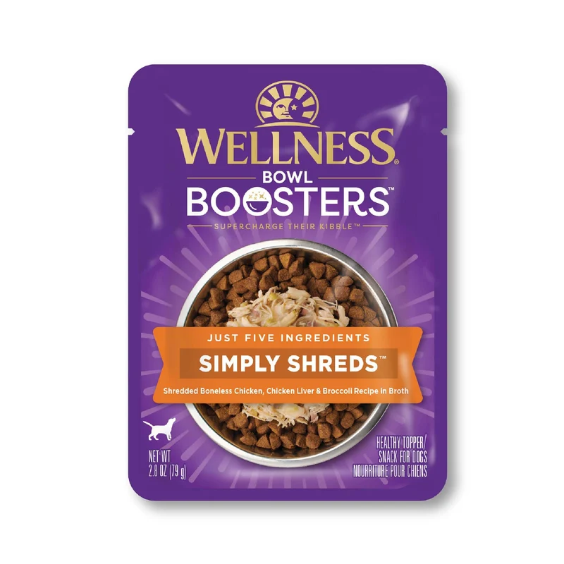 Wellness Bowl Boosters Simply Shreds – Toppers Humides Sans Céréales pour Chiens (Poulet Foie et Brocoli), Lot de 12 Sachets de 2,8 oz