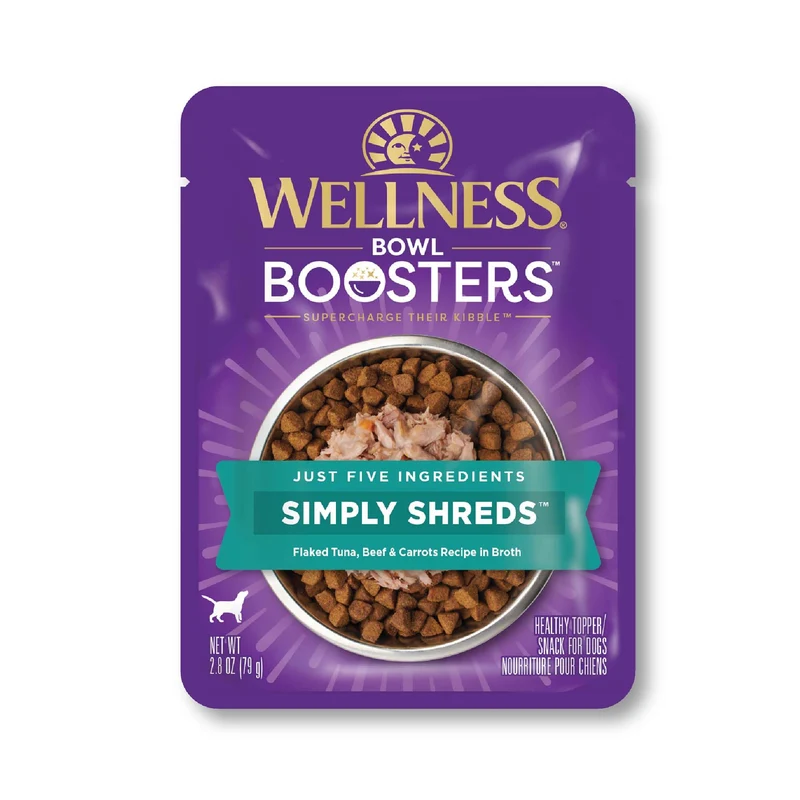Wellness Bowl Boosters Simply Shreds Toppers Humides pour Chiens Sans Céréales — Thon, Bœuf & Carottes, Sachet de 2,8 oz, Lot de 12