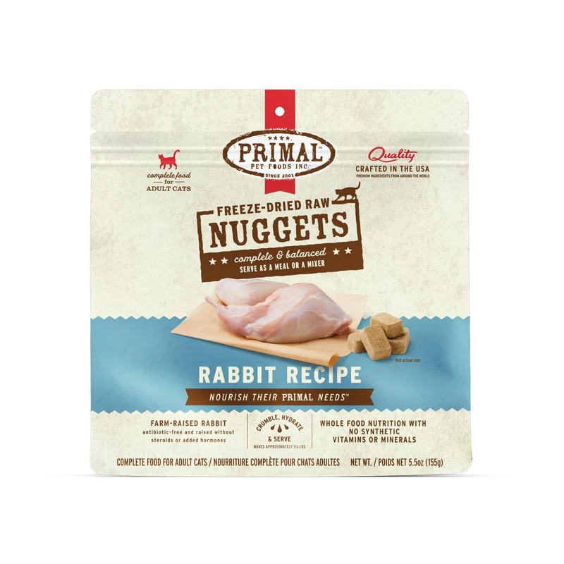 Primal Nuggets lapin cru pour chat — Repas complet et garniture, sans céréales, haute protéine, probiotiques (156 g) | Primal Pet Foods
