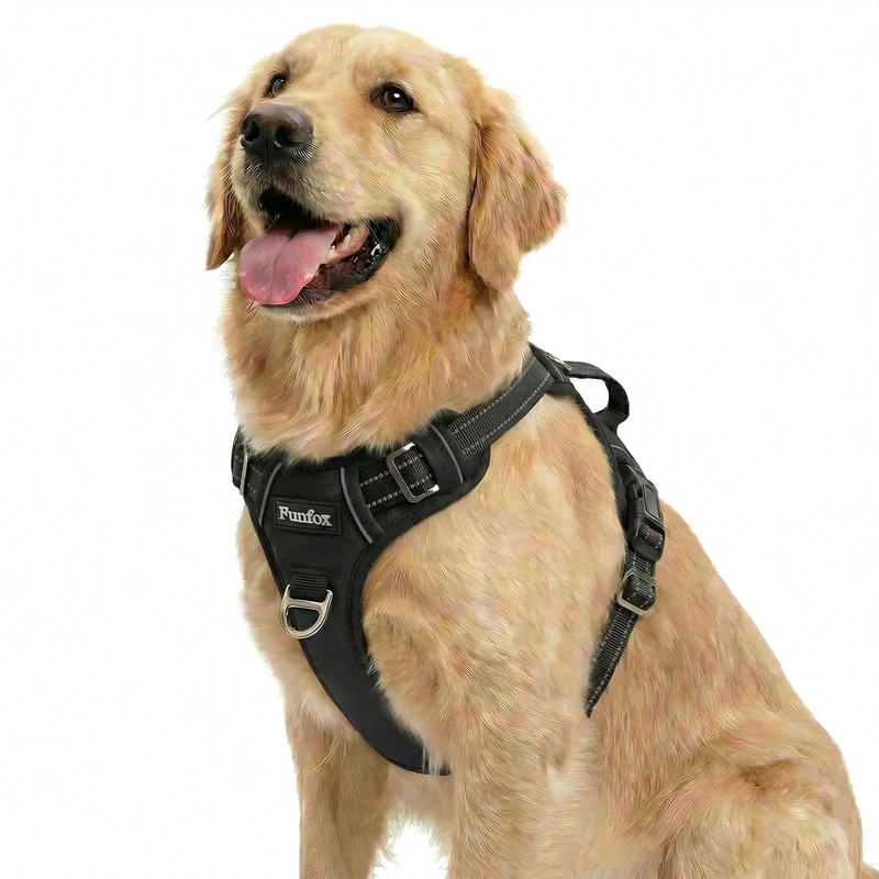 Funfox Harnais Chien Grand Format – Sans Traction, Réglable, 2 Attaches et Poignée Verticale, Réfléchissant pour Nuit