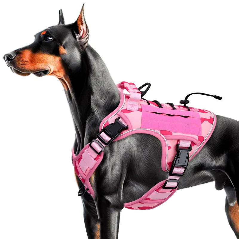 Bruvoalon Harnais Tactique Lourd Pour Grands Chiens – Pas de Tirage, Molle, Réglable – Rose Camouflage