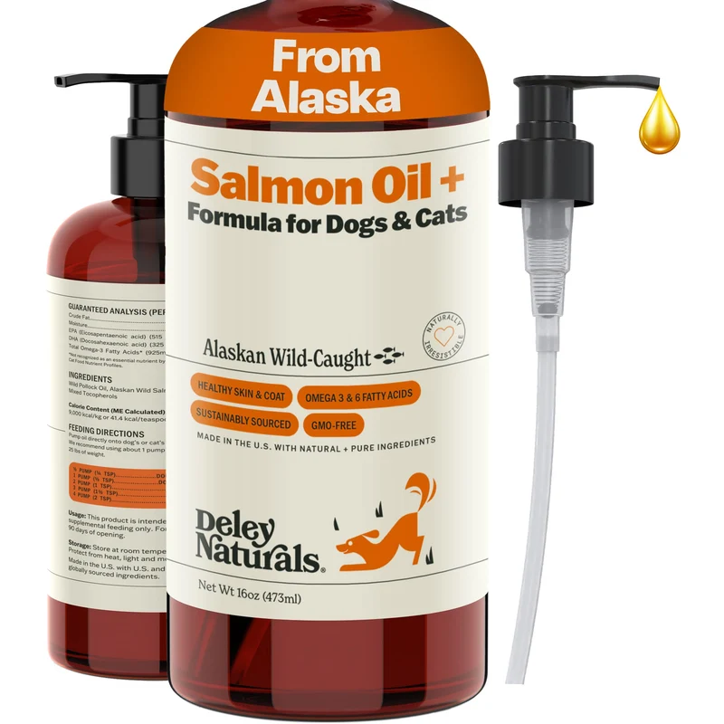 Deley Naturals Huile de Saumon Sauvage d’Alaska – Pour Chiens & Chats, Nouvelle Formule Plus, Oméga-3 DHA & EPA, 16 oz, Fabriqué aux États‑Unis