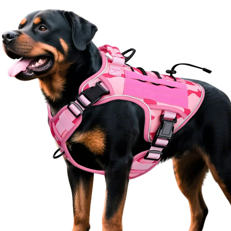 Bruvoalon Harnais Tactique Lourd pour Grands Chiens – Sans Tirage, Molle, Réfléchissant – Rose Camouflage, Taille Extra Large