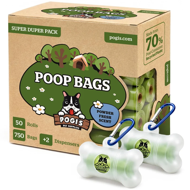 Sacs pour crottes de chien Pogi’s – Extra épais, anti-fuite, 50 rouleaux (750 sacs) + 2 porte-sacs – Parfum frais