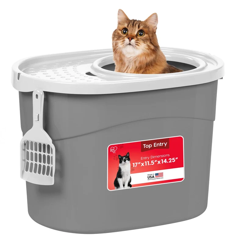 IRIS USA Grande litière pour chat à entrée supérieure avec couvercle – Anti-odeurs, pelle incluse – Gris/Blanc