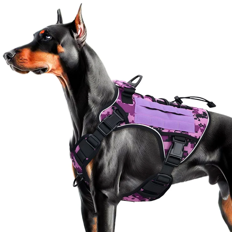 Bruvoalon Harnais Tactique Sans Tirage pour Grand Chien — MOLLE, Réfléchissant, Violet Camouflage, Taille Large