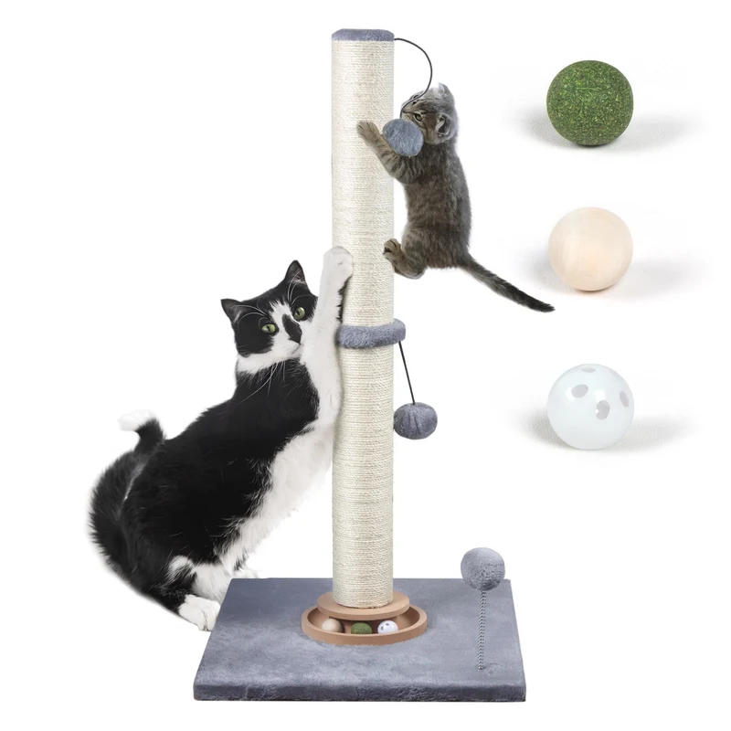Fantasreen Poste Griffage Chat 31 po — Jouet interactif avec Balles d'Herbe à Chat et Sisal Gris