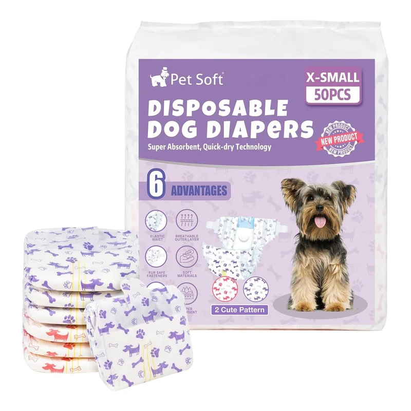 Pet Soft Couches Jetables pour Chien Femelle - Indicateur d'Humidité, Ultra Absorbantes, 50 pièces (XS, Mélangées)