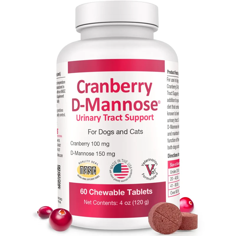 Pet Health Solutions – Cranberry D-Mannose : Supplément Urinaire pour Chiens et Chats – 60 Comprimés à Mâcher