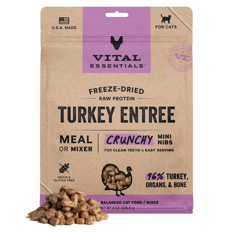 Vital Essentials – Nourriture chat crue lyophilisée à la dinde, mini-nibs croquants (96% dinde)