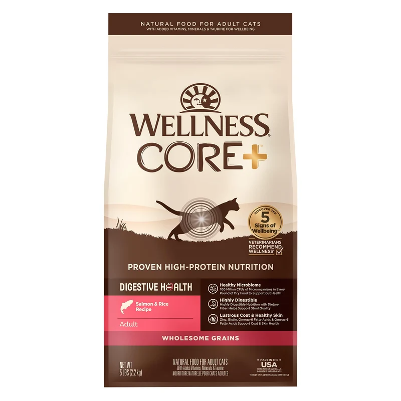 Wellness CORE+ Digestive Health — Croquettes pour Chat Adulte au Saumon et Riz, 5 lb