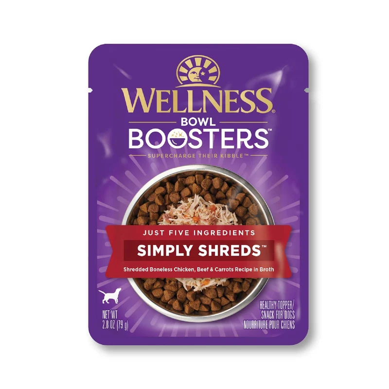 Wellness Bowl Boosters Simply Shreds — Topper humide sans cereales pour chiens (12 sachets de 80 g, poulet, boeuf et carottes)
