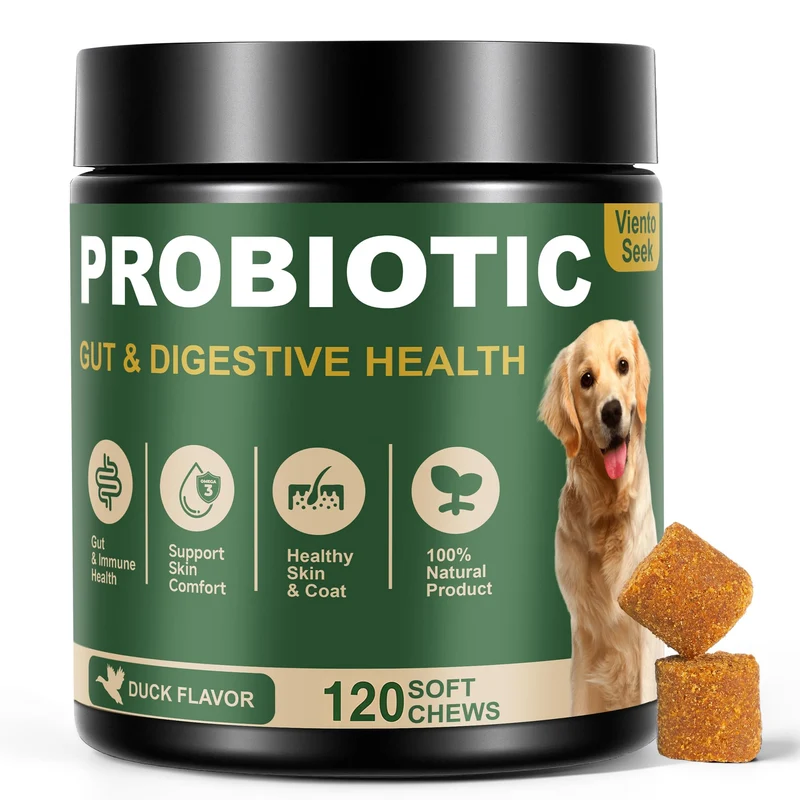 Probiotiques pour chiens VientoSeek – soutien digestif, peau et immunité – saveur canard, 120 gommes – 7 enzymes, 3 prébiotiques et Omega-3