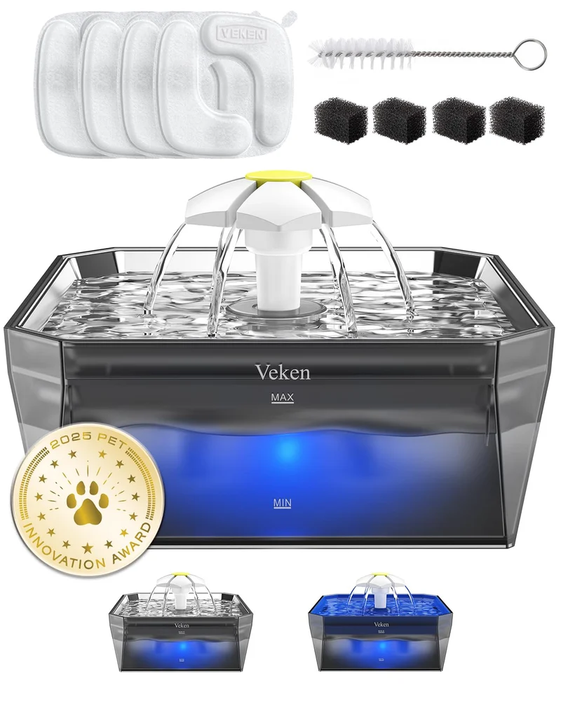 Veken Fontaine d’eau pour petits animaux – Capacité 1,5 L, couvercle inox, pompe silencieuse et 4 filtres
