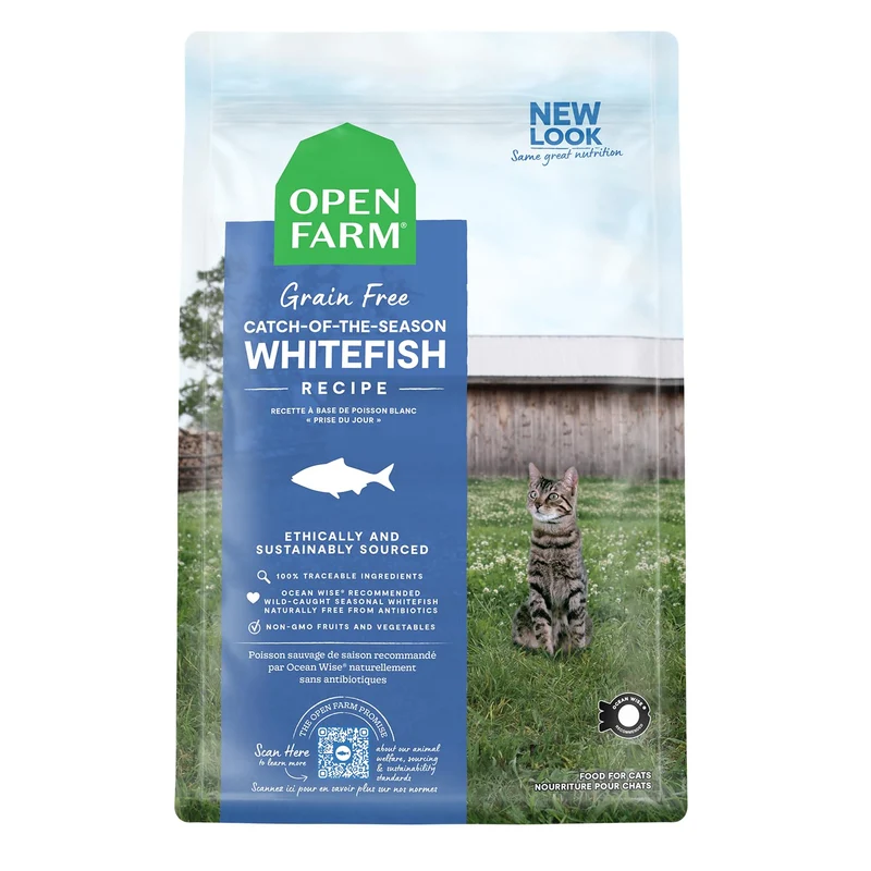 Open Farm — Croquettes pour chat sans céréales au poisson blanc de saison, 2 lb — Protéines élevées et légumes non-OGM
