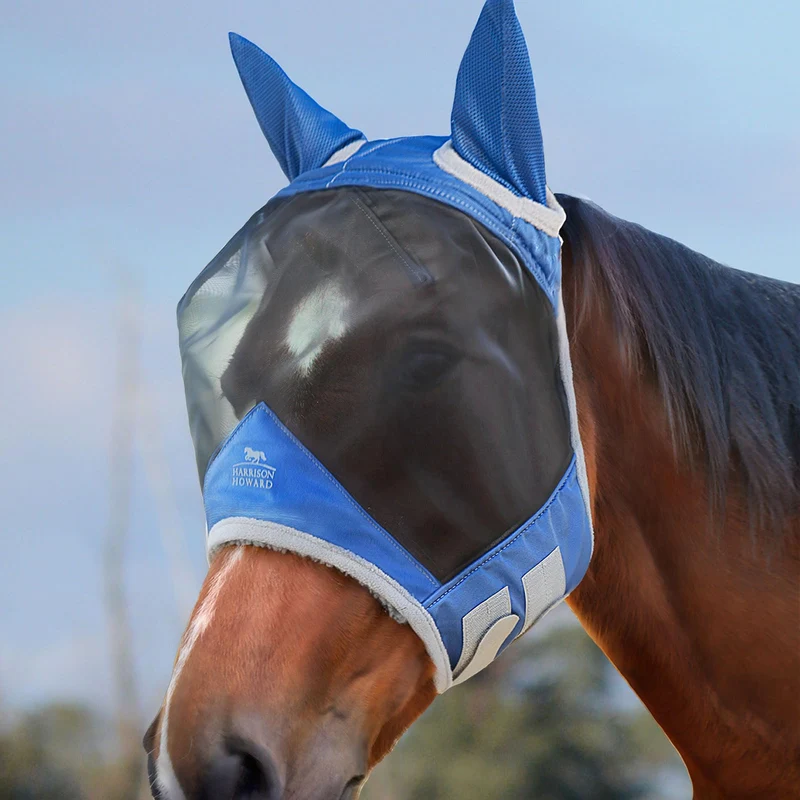 Harrison Howard CareMaster Pro Masque Mouches Cheval UV – Bleu Royal, Taille Grand