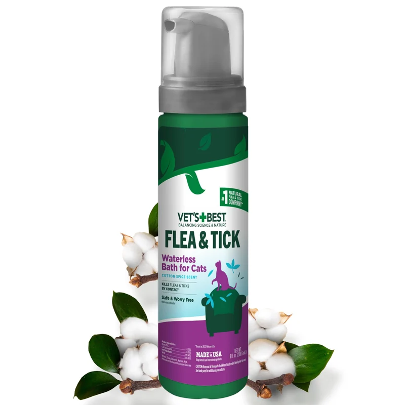 Vet's Best Shampoing Sec Naturel Sans Rinçage pour Chats – Anti-puces & Tiques – 8 oz