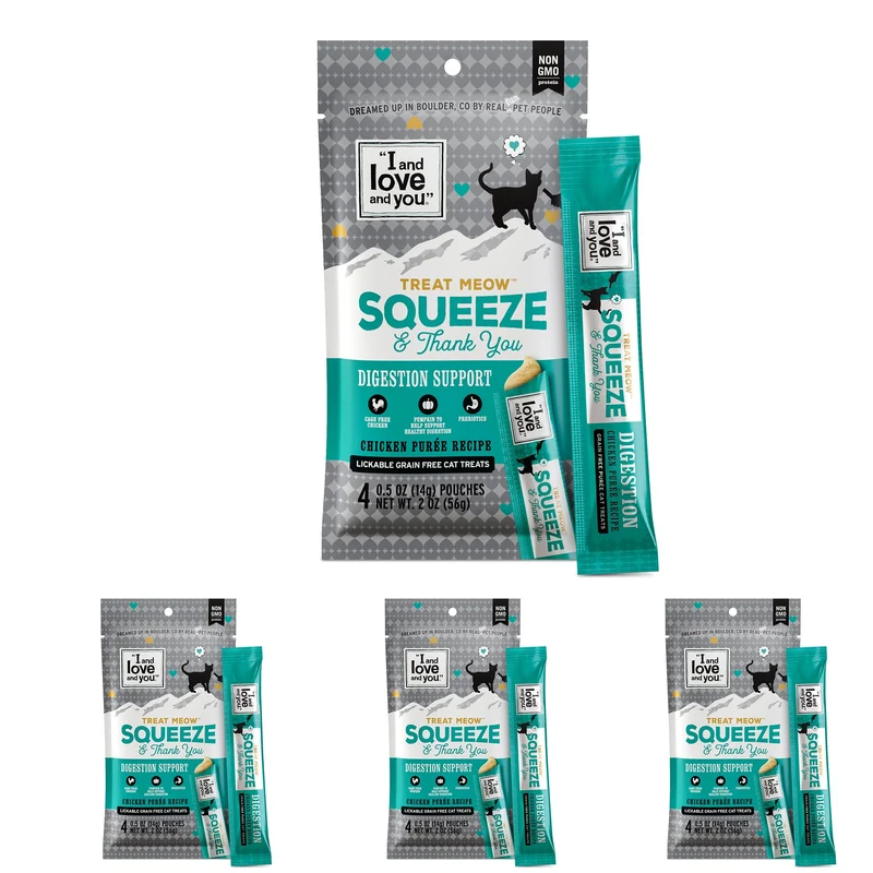 I AND LOVE AND YOU Treat Meow – Purée de poulet pour chats | Soutien digestif, friandise en sachet, 0,5 oz, 4 sachets