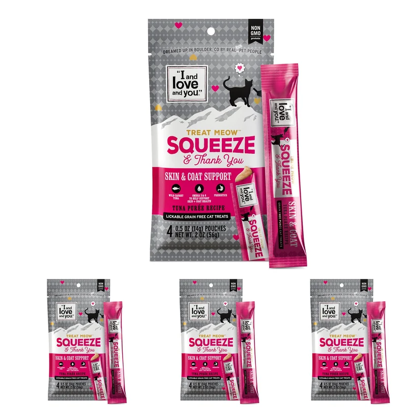 I AND LOVE AND YOU Treat Meow – Purée de Thon, Soin Peau et Pelage, Friandise à Presser, Oméga 3, 0,5 oz, 4 Sachets