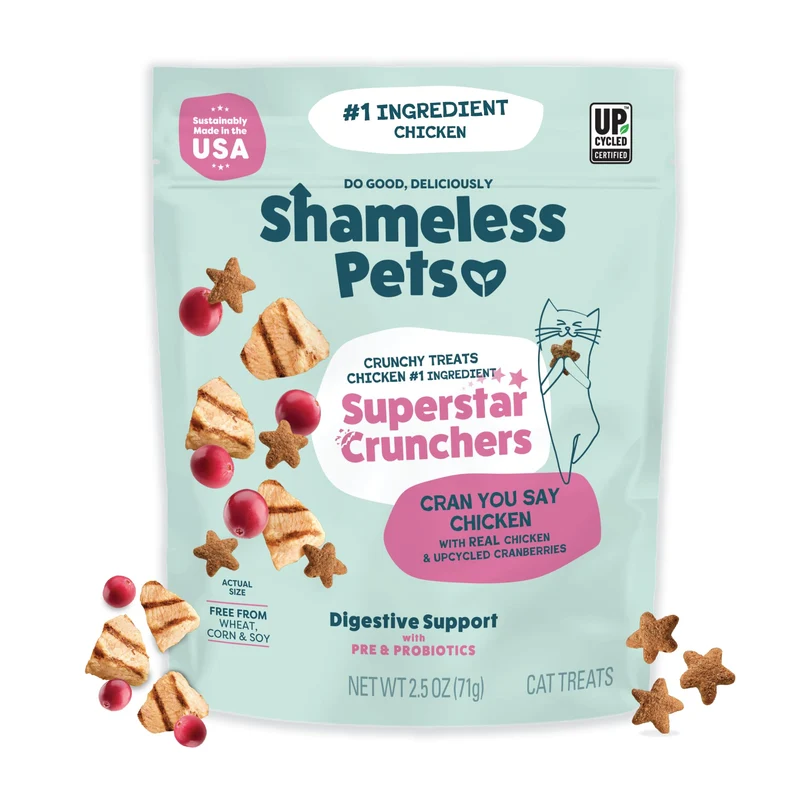 Shameless Pets – Friandises croustillantes pour chats avec soutien digestif, poulet réel et saveur canneberge-poulet, sachet de 70 g