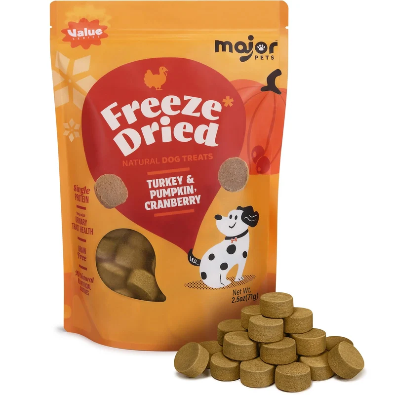 MAJOR PETS Friandises Dinde Lyophilisées avec Citrouille et Canneberge – Protéine Élevée, Sans Céréales, Encas et Topper, USA, 2,5 oz