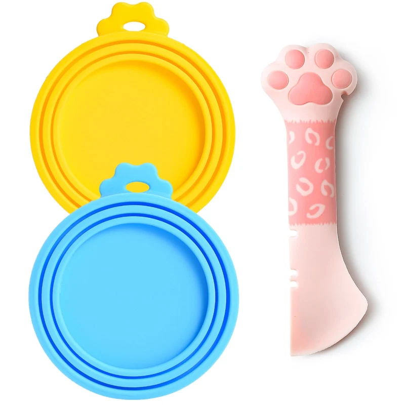 Comtim Couvercles en silicone pour boîtes d’aliments pour animaux + Cuillère multifonction pour conserves humides
