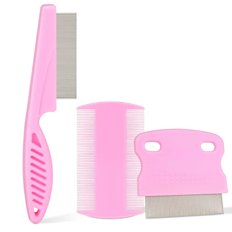Jegtew – Peigne anti-puces pour chiens et chats, poignée en caoutchouc rose