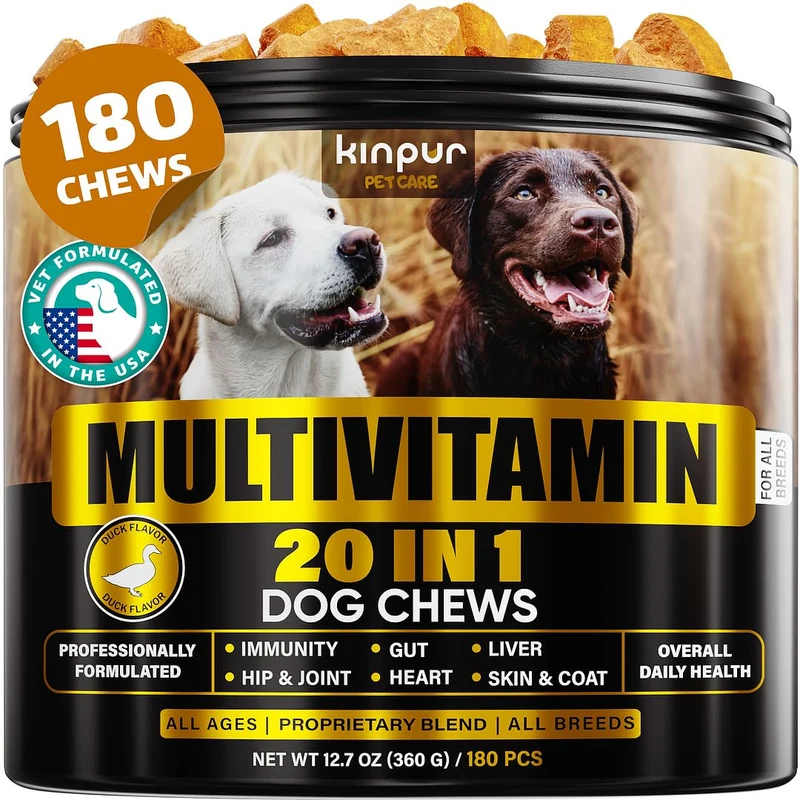 Kinpur Pet Care – Friandises Multivitamines 20-en-1 pour Chien (180 bouchées) – Immunité, Digestion, Articulations, Vision, Cœur et Cerveau