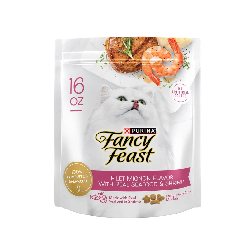 Purina Fancy Feast Sec Filet Mignon Saveur Fruits de Mer et Crevettes – Pack de 4 Sachets 454 g
