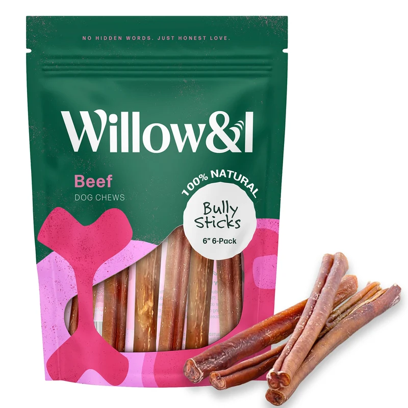 Willow & I Bâtons Bully pour Chiens – 6 Pouces, 6 Pièces, 100% Nourris à l’Herbe, Ingrédient Unique, Sans Cuir ni Céréales