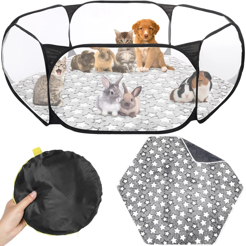 VitalCozy Enclos de jeu hexagonal transparent avec tapis — Aire de jeux portable pour petits animaux (Noir, Star)
