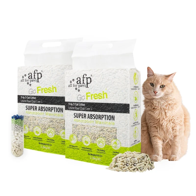 Litière Tofu All For Paws – Particules 2 mm, Faible traçage, 55N, Verrouillage des odeurs 5-en-1, Agglomération rapide, Fibres végétales, Lot 2×12,3 L