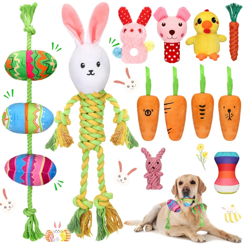 SilTriangle – 12 Jouets Paques pour Chien | Peluche, Corde et Lapin