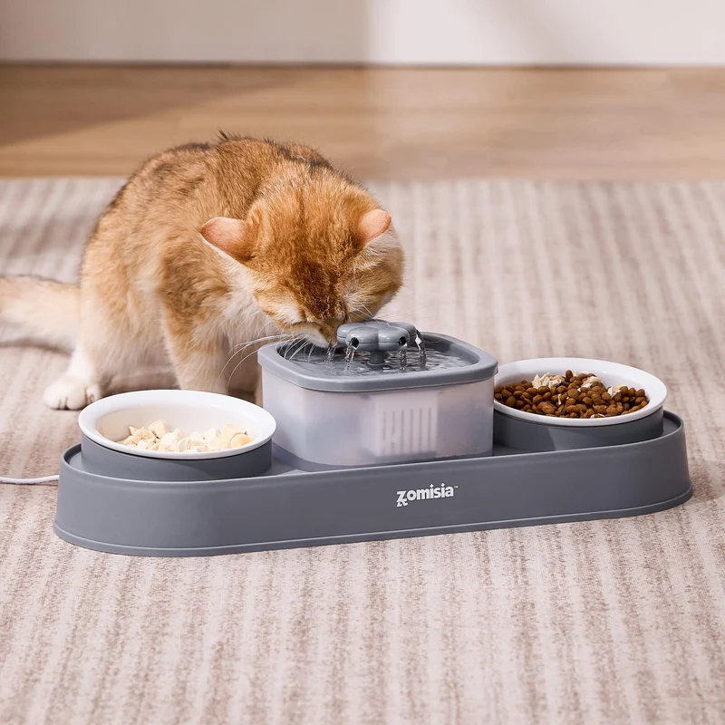 ZOMISIA Fontaine d’eau pour chat et 2 bols en céramique – 2 en 1, ultra silencieuse, gris (sans adaptateur)