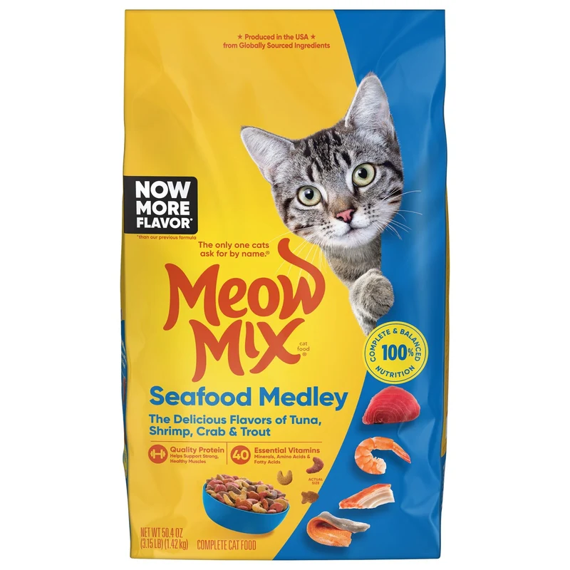 Meow Mix Seafood Medley – Croquettes pour chat | Saveur fruits de mer et nutrition complète