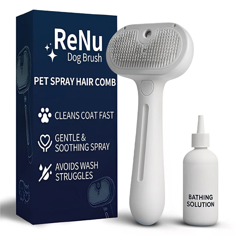 ReNu Dog Brush – Brosse Vapeur 3 en 1 Auto-Nettoyante pour Animaux (Blanc) – Démêlage, Bain sans Statique