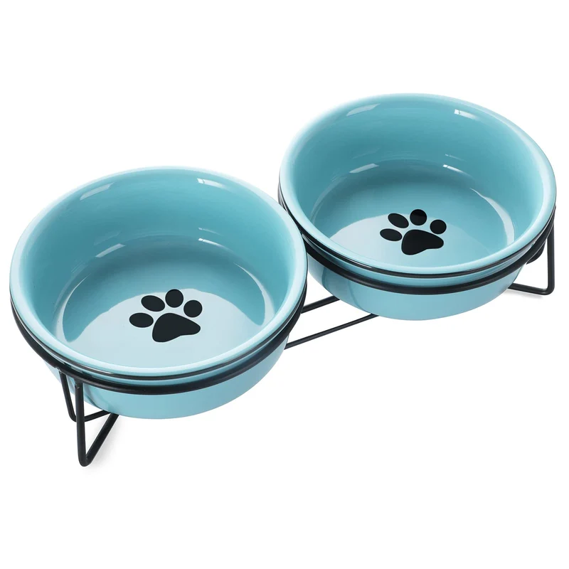 GDCZ Bol Chat Céramique Surélevé Turquoise – Support Métal, 2 × 15 onces