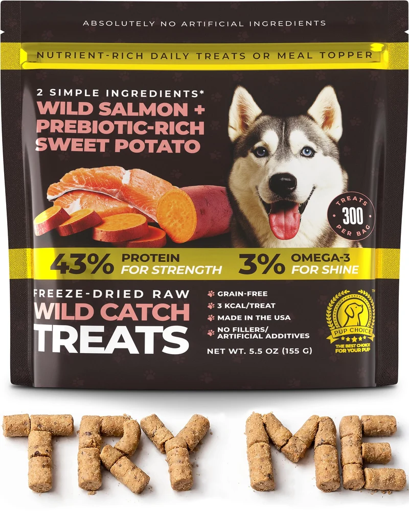 Friandises Pup Choice Wild Catch – Saumon sauvage & patate douce – Protéine unique (43%) et oméga-3 (3%) – Sans céréales – 156 g