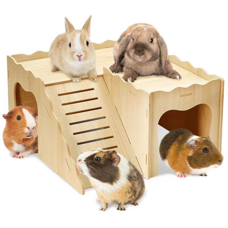 BNOSDM – Maison en bois pour cochon-d-inde avec escaliers et loft, 2 niveaux, démontable