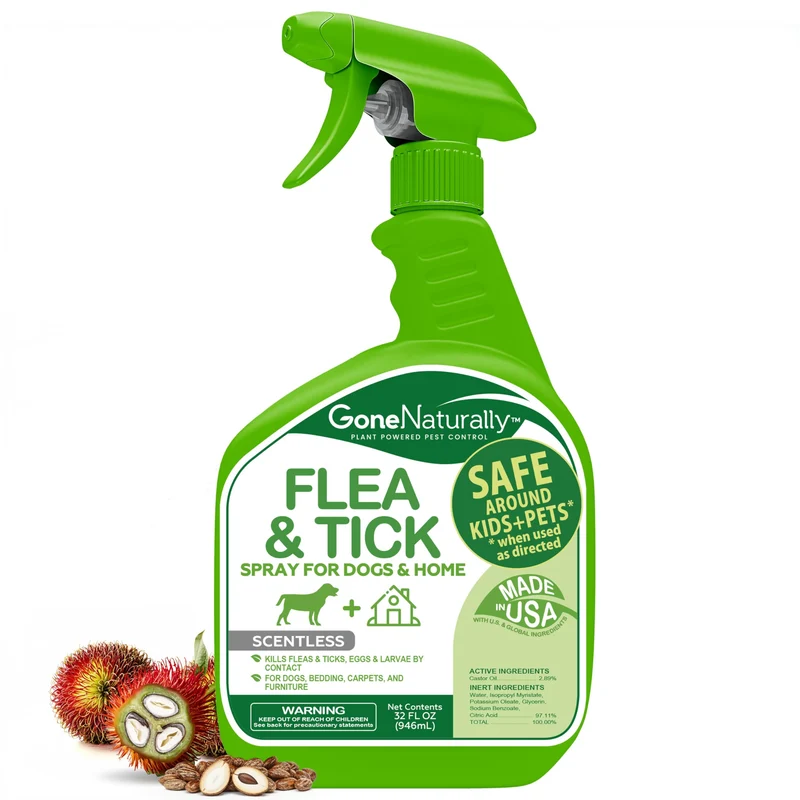 GoneNaturally Spray Puces et Tiques pour Chiens et Maison – Prévention Naturelle sans Odeur (32 oz)