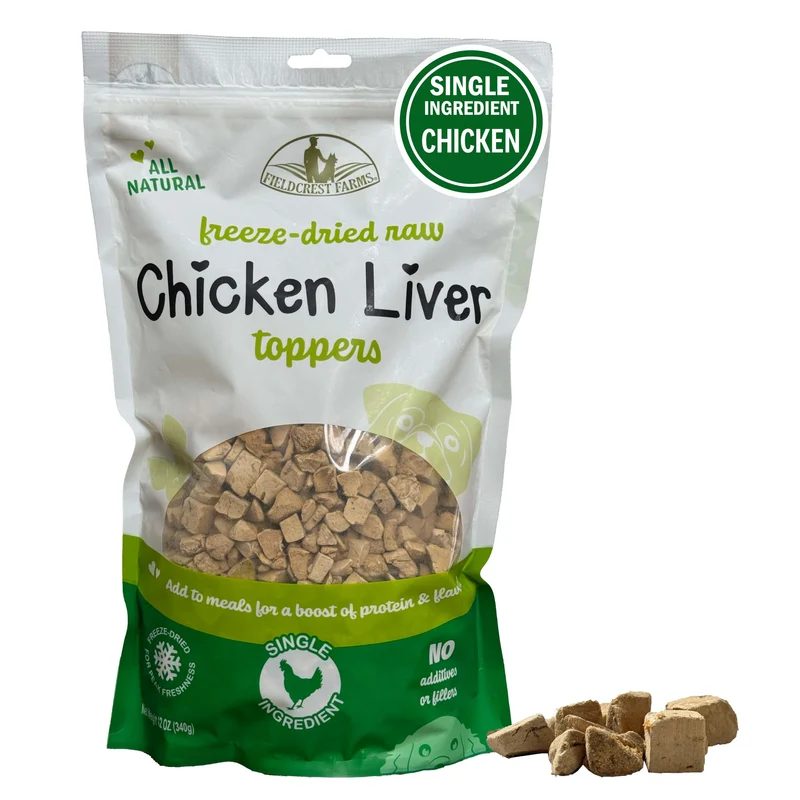 Fieldcrest Farms Toppers Foie de Poulet Lyophilisé – 100% Foie de Poulet, Protéine Élevée, Cru et Sans Céréales, 340 g
